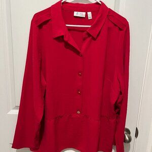 D & Co Long Sleeves Red Woman's Shirred Waist Blouse Ruffles Bottom Size XL